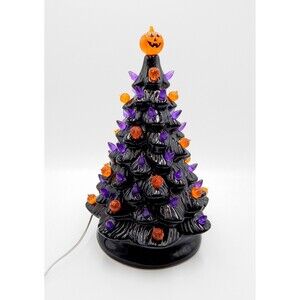 Halloween Tabletop Light Up Tree Ceramic 13 Inch Black Orange Purple NIB